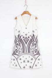 Off-White Sleeveless Shift Dress with Black Ethnic Pattern — Product Only View 2