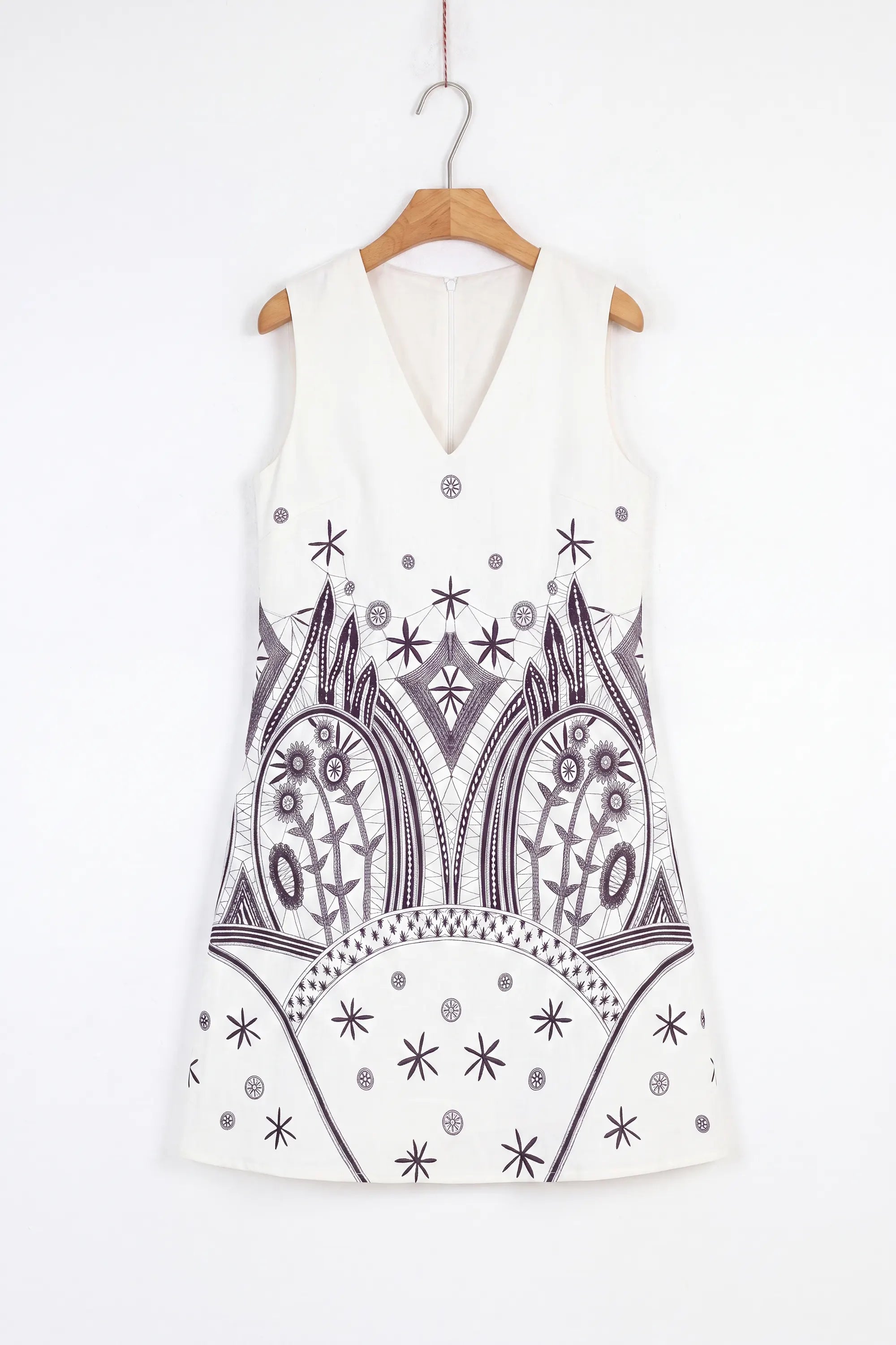 Off-White Sleeveless Shift Dress with Black Ethnic Pattern — Product Only View 2
