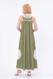 Olive green crochet lace sleeveless maxi dress by Elppis, back model view on white background