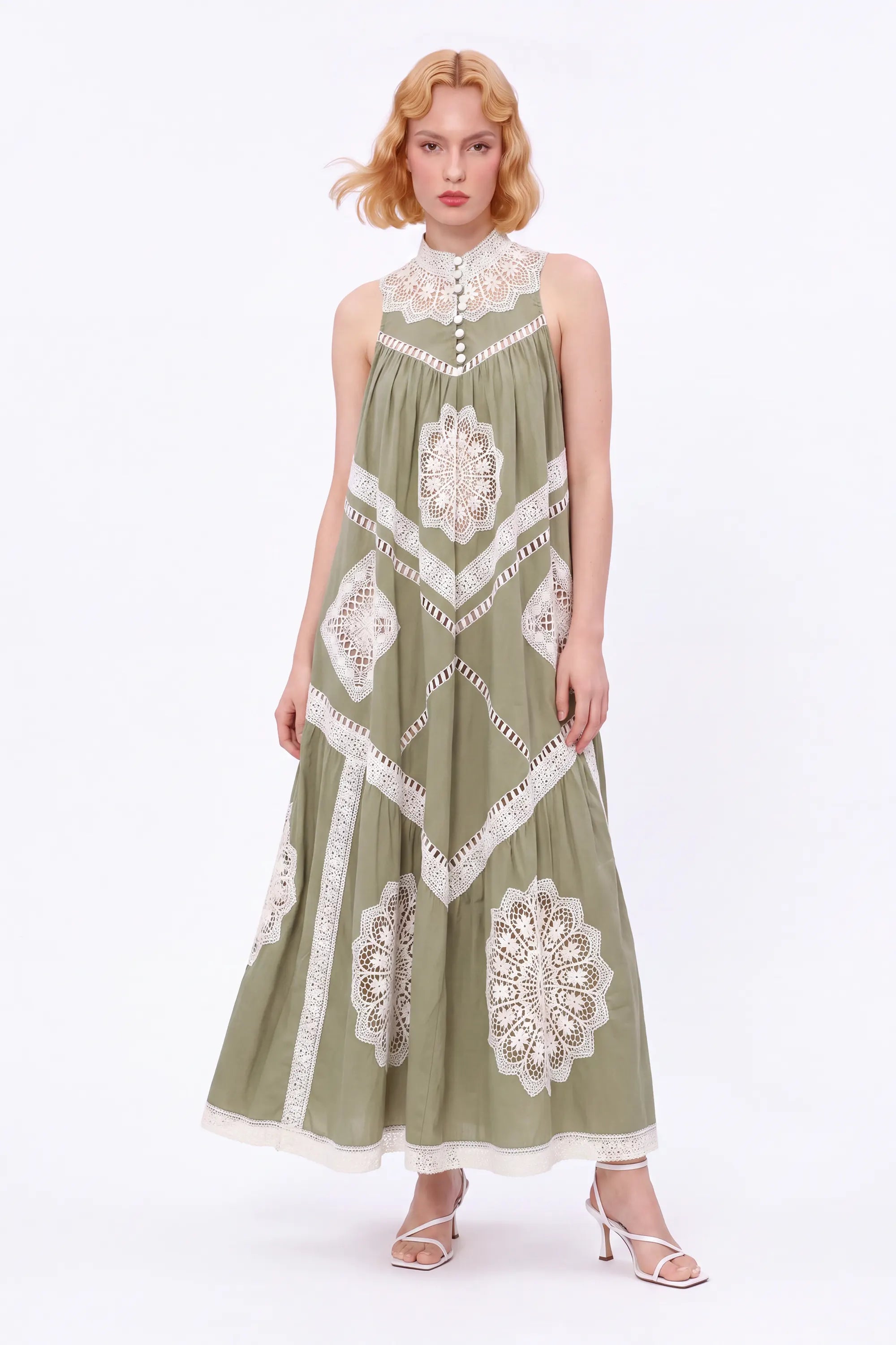 Olive green crochet lace sleeveless maxi dress by Elppis, alternate front model view
