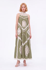 Olive green crochet lace sleeveless maxi dress by Elppis, full-length front model view