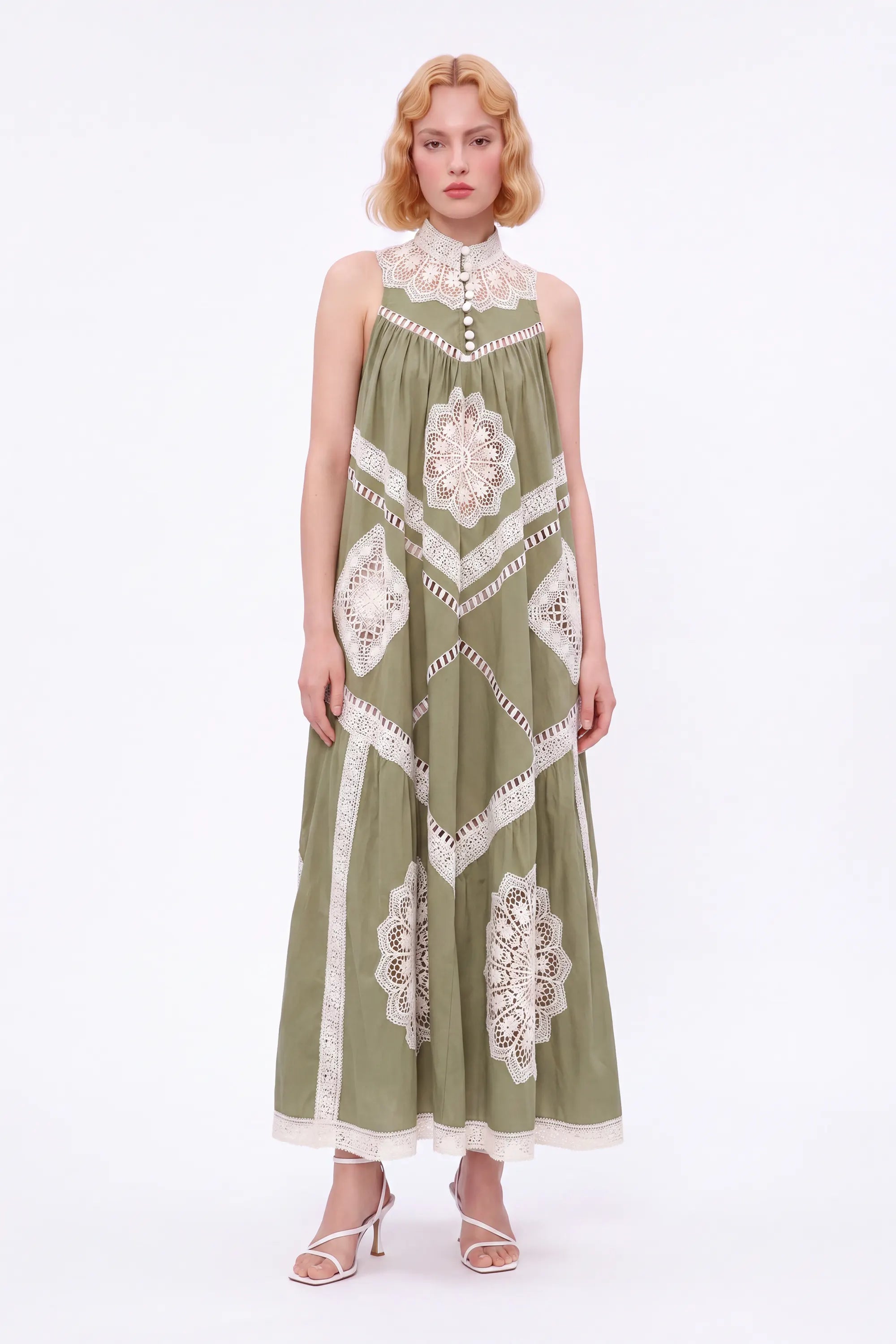 Olive green crochet lace sleeveless maxi dress by Elppis, full-length front model view