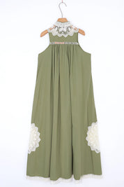 Olive green crochet lace sleeveless maxi dress by Elppis, product back view