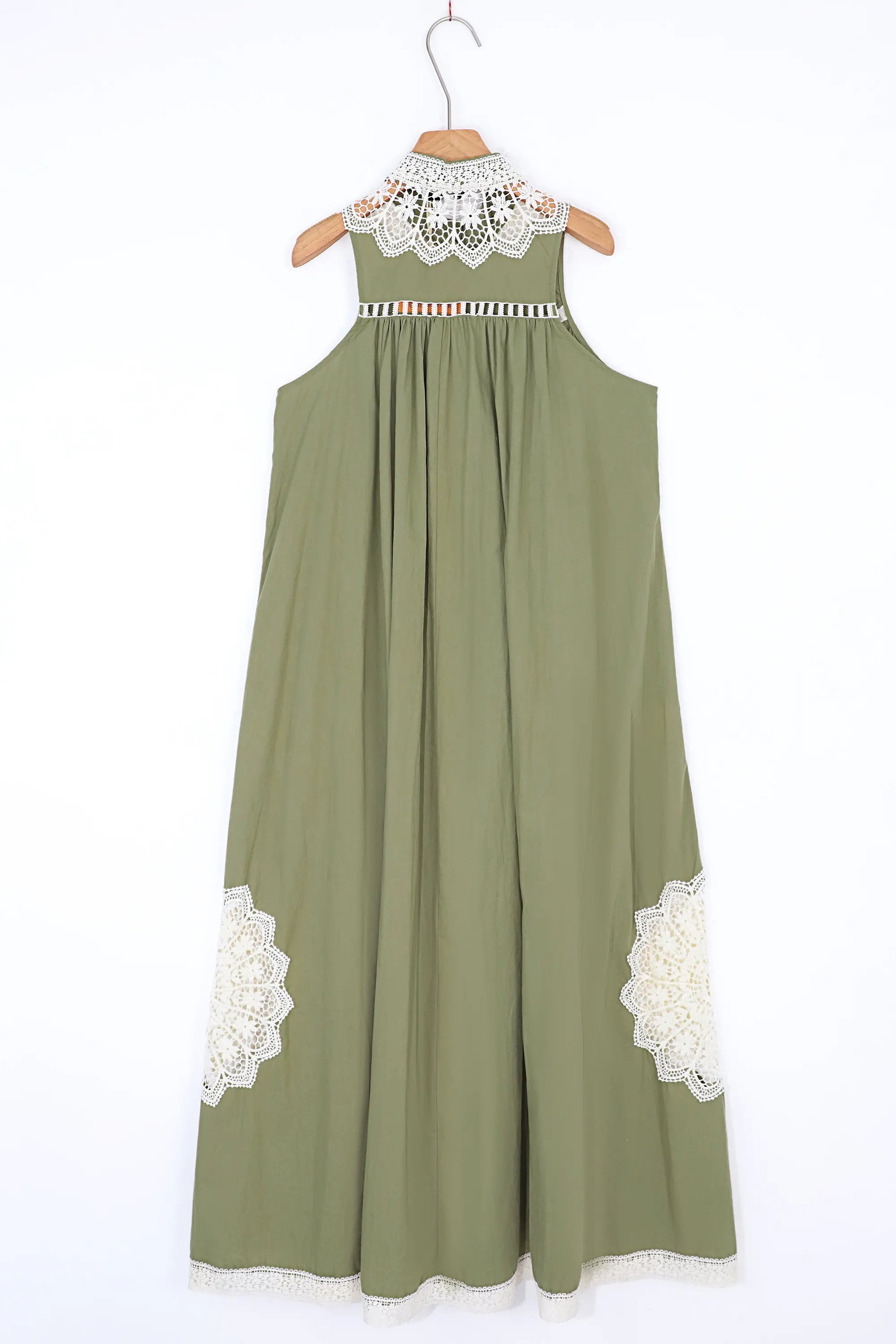 Olive green crochet lace sleeveless maxi dress by Elppis, product back view