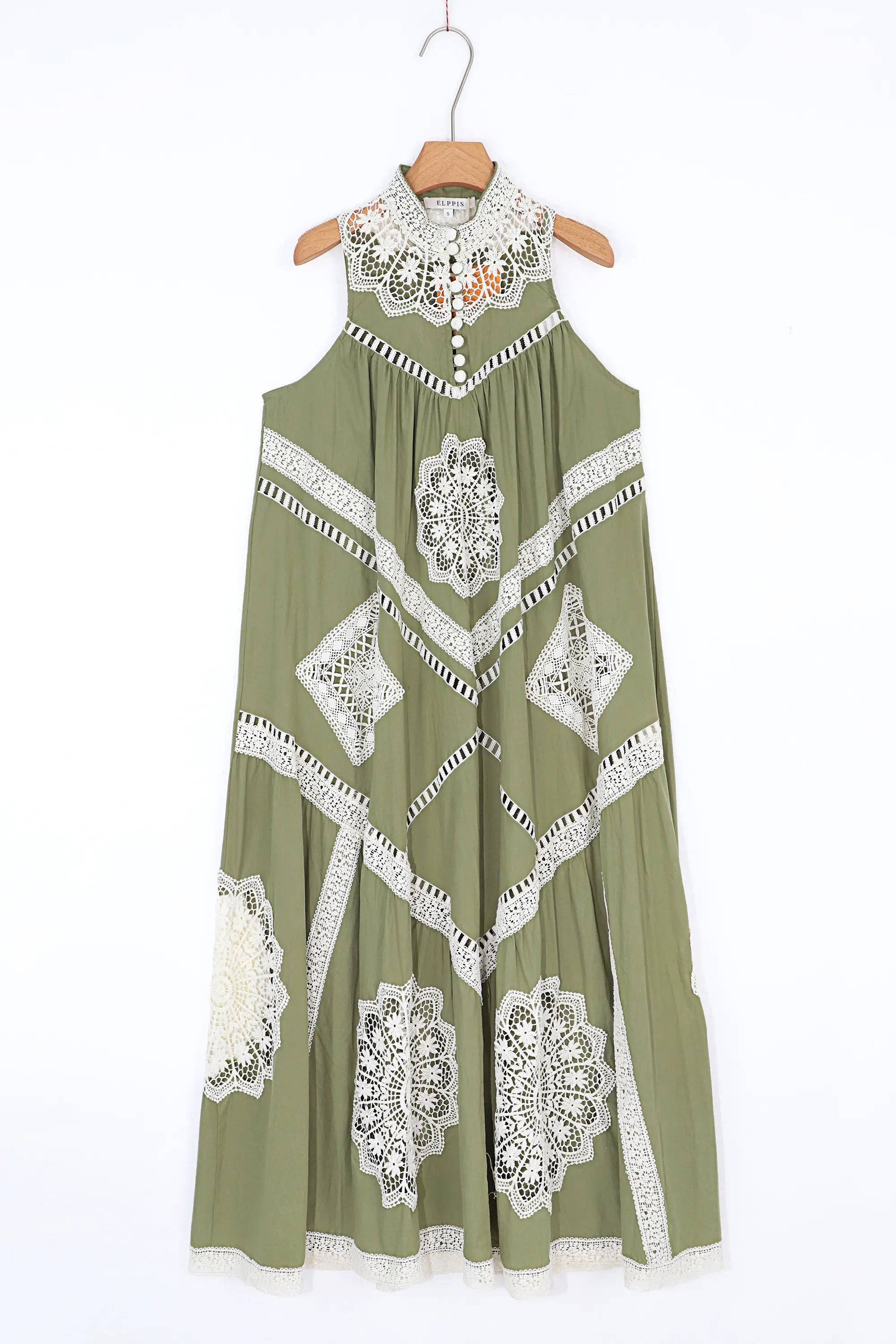 Olive green crochet lace sleeveless maxi dress by Elppis, product front view