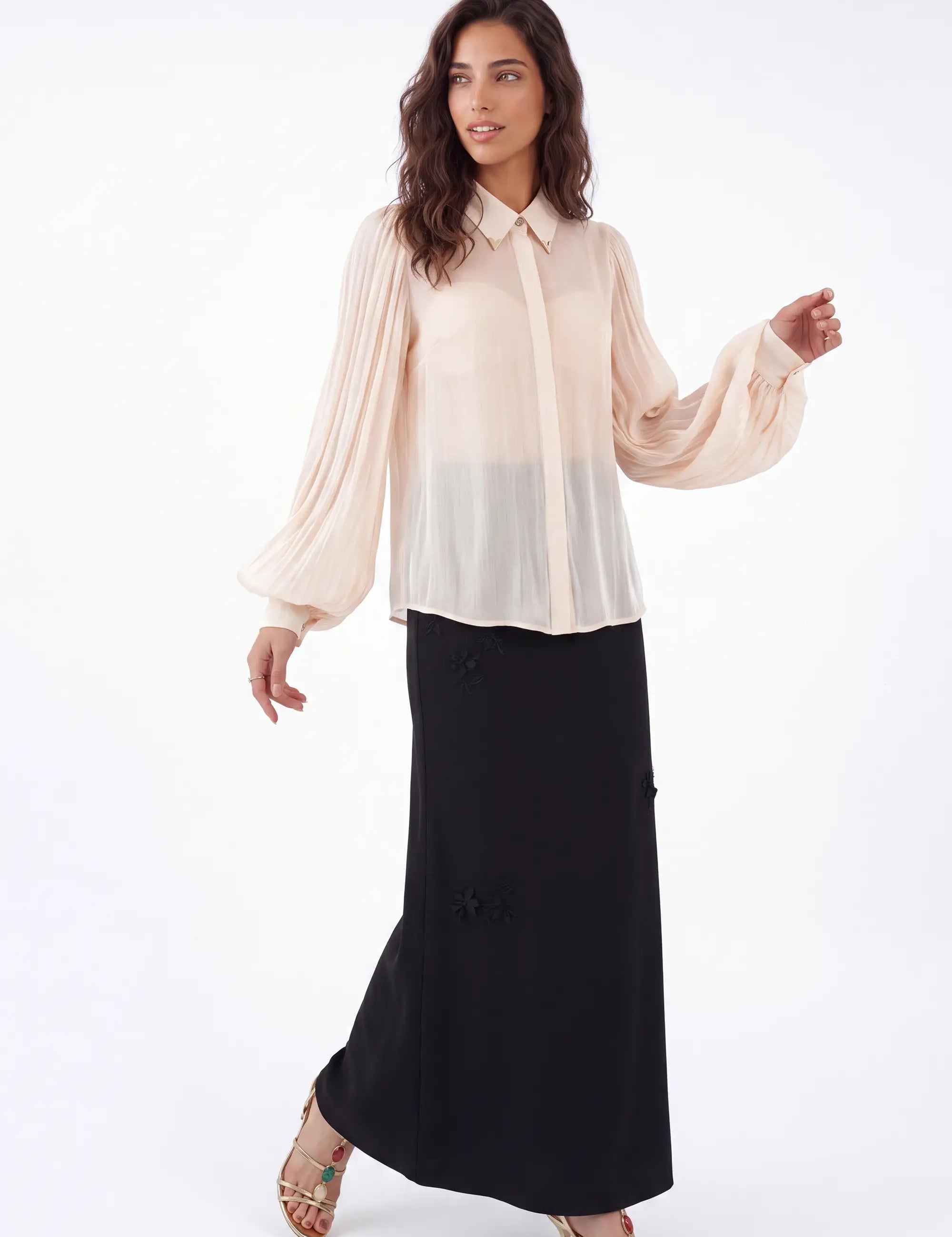 Cream Sheer Blouse with Collar and Puff Sleeves on model, front view – Elppis P2F1604P-1
