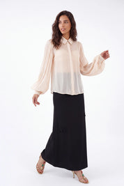 Cream Sheer Blouse with Collar and Puff Sleeves on model, front view – Elppis P2F1604P-1
