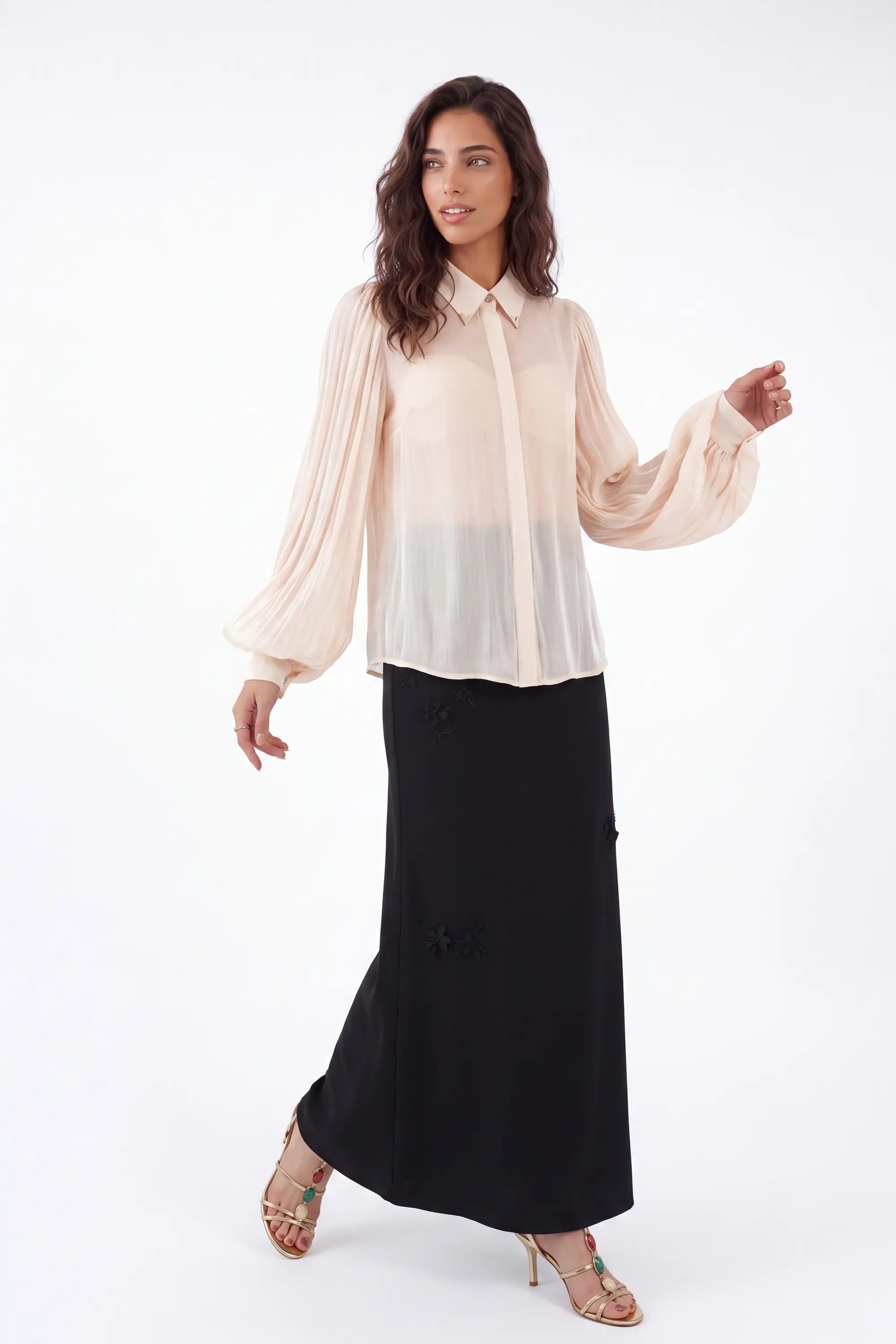 Cream Sheer Blouse with Collar and Puff Sleeves on model, front view – Elppis P2F1604P-1