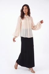 Cream Sheer Blouse with Collar and Puff Sleeves