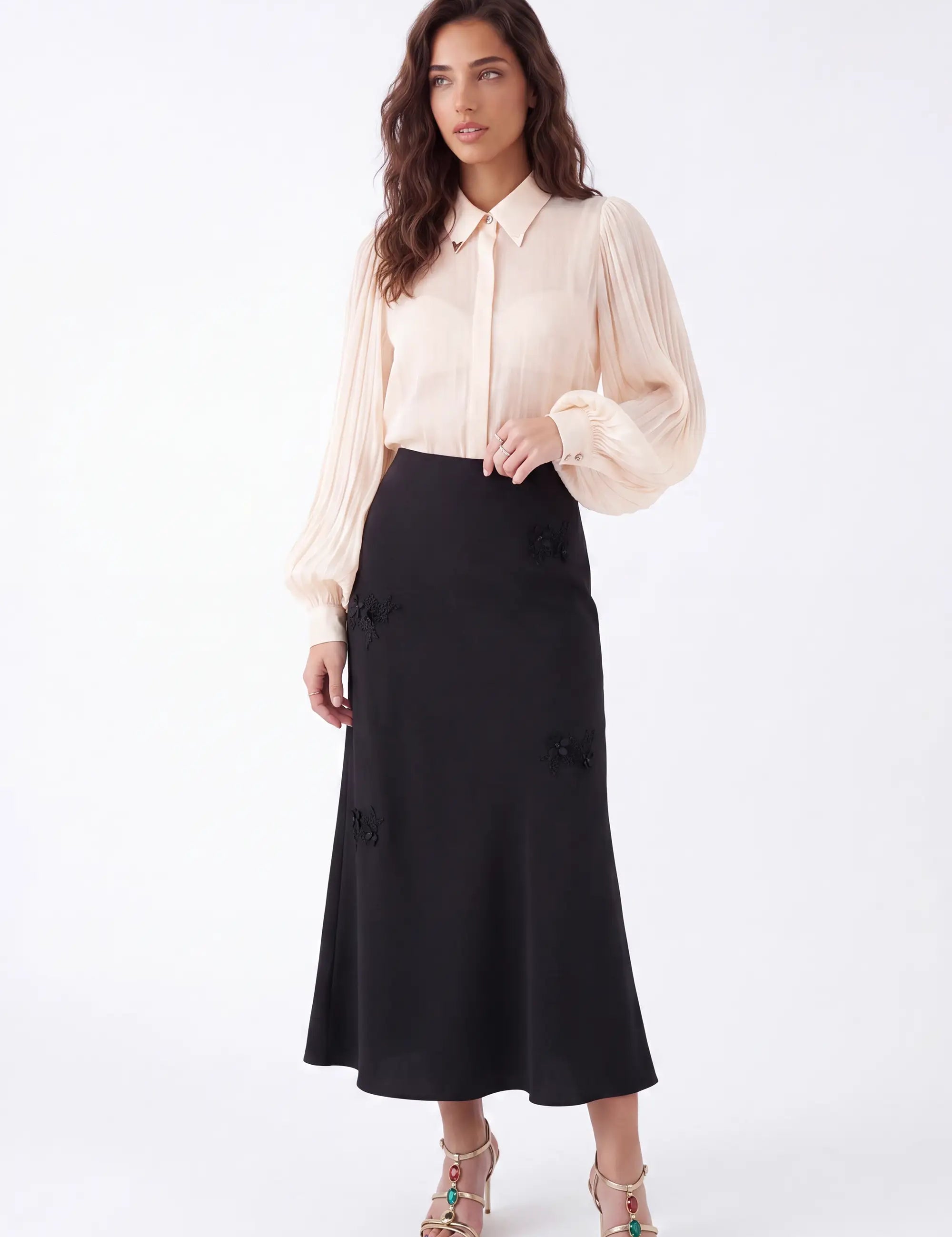 Cream Sheer Blouse with Collar and Puff Sleeves on model, studio view 2 – Elppis P2F1604P-1