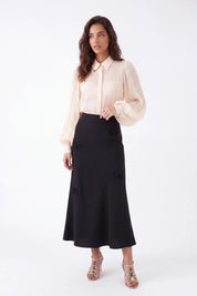 Cream Sheer Blouse with Collar and Puff Sleeves on model, studio view 2 – Elppis P2F1604P-1