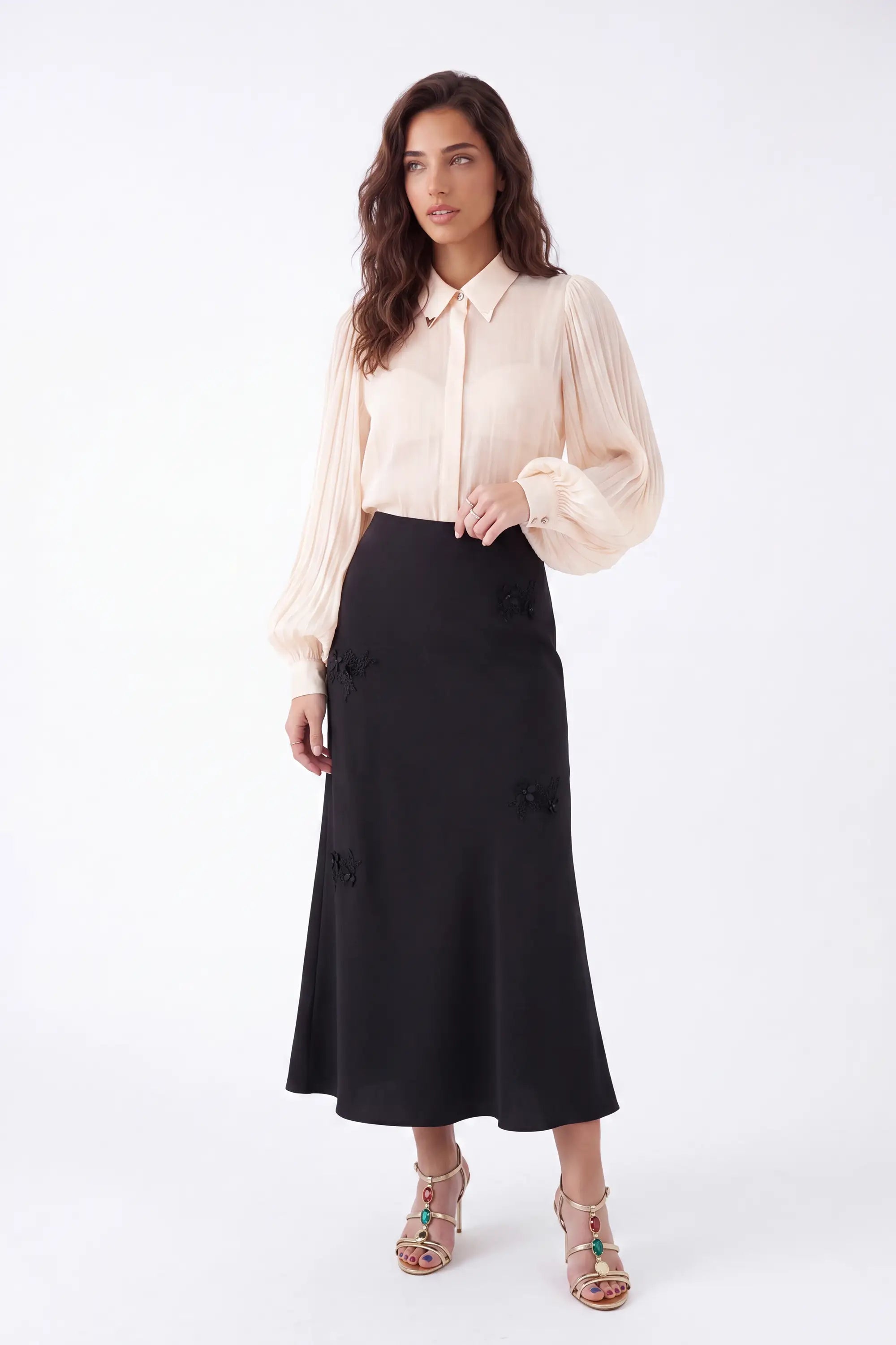 Cream Sheer Blouse with Collar and Puff Sleeves on model, studio view 2 – Elppis P2F1604P-1