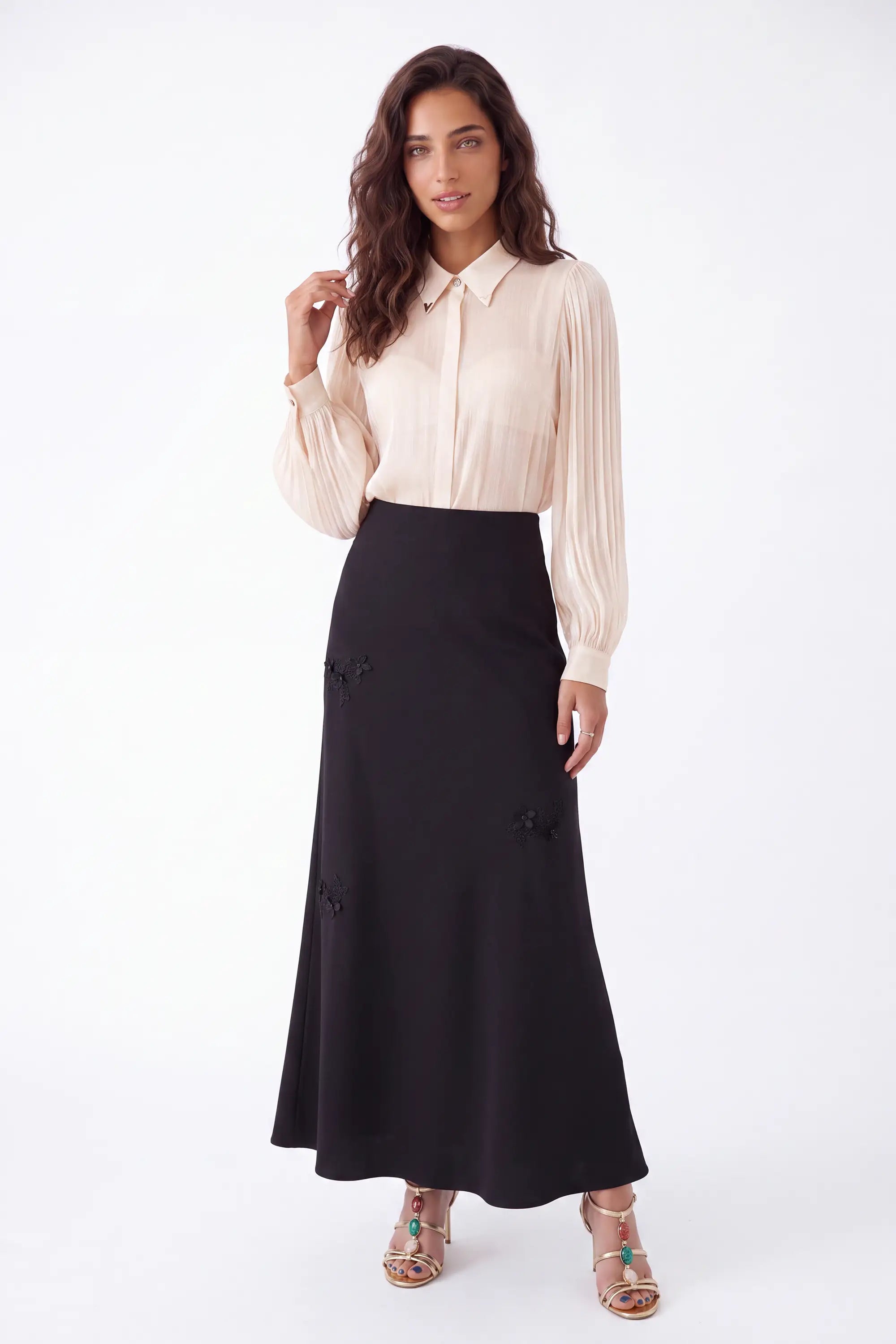 Cream Sheer Blouse with Collar and Puff Sleeves on model, studio view 3 – Elppis P2F1604P-1