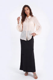 Cream Sheer Blouse with Collar and Puff Sleeves on model, studio view 4 – Elppis P2F1604P-1