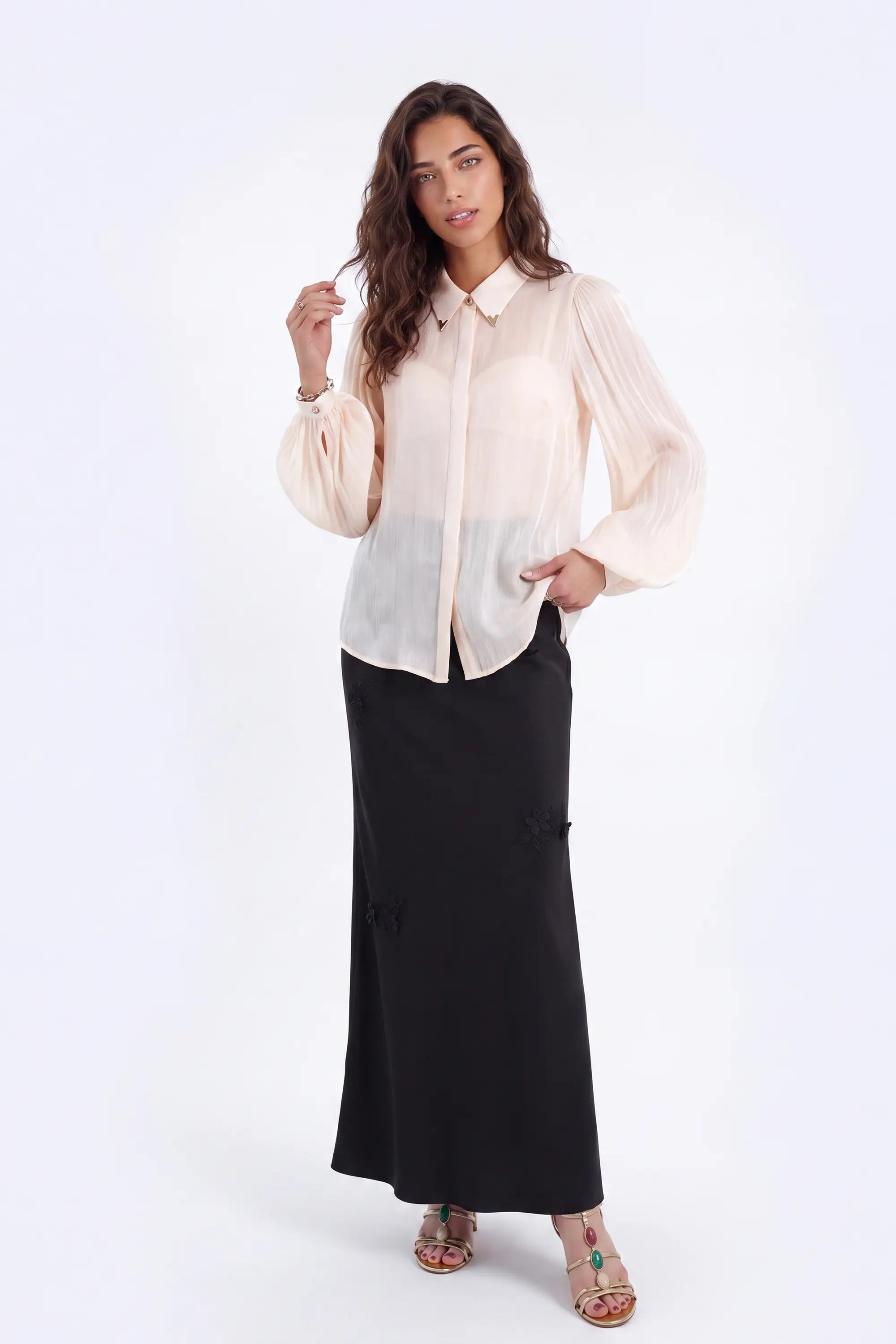 Cream Sheer Blouse with Collar and Puff Sleeves on model, studio view 4 – Elppis P2F1604P-1