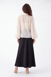 Cream Sheer Blouse with Collar and Puff Sleeves on model, studio view 5 – Elppis P2F1604P-1