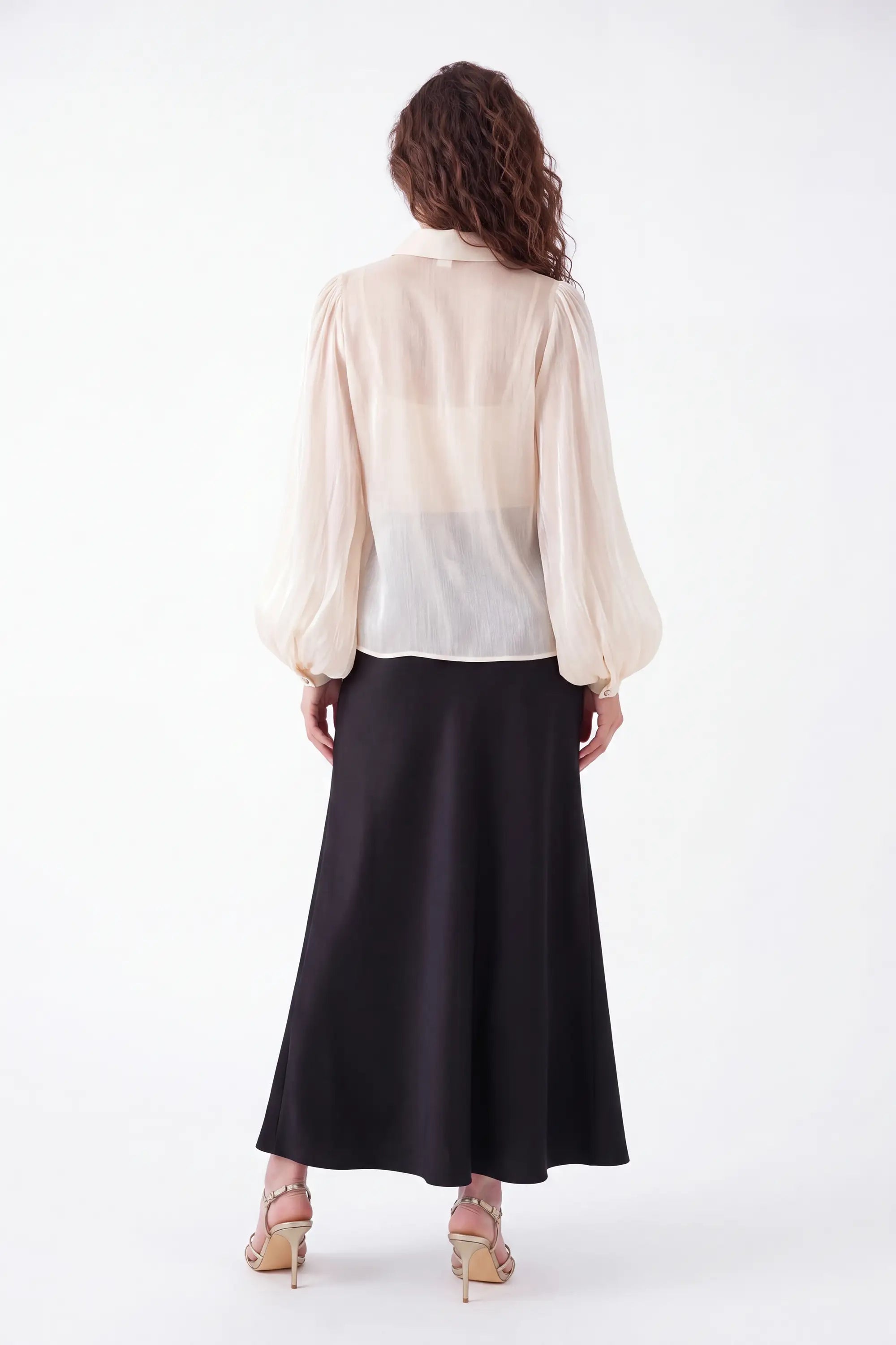 Cream Sheer Blouse with Collar and Puff Sleeves on model, studio view 5 – Elppis P2F1604P-1