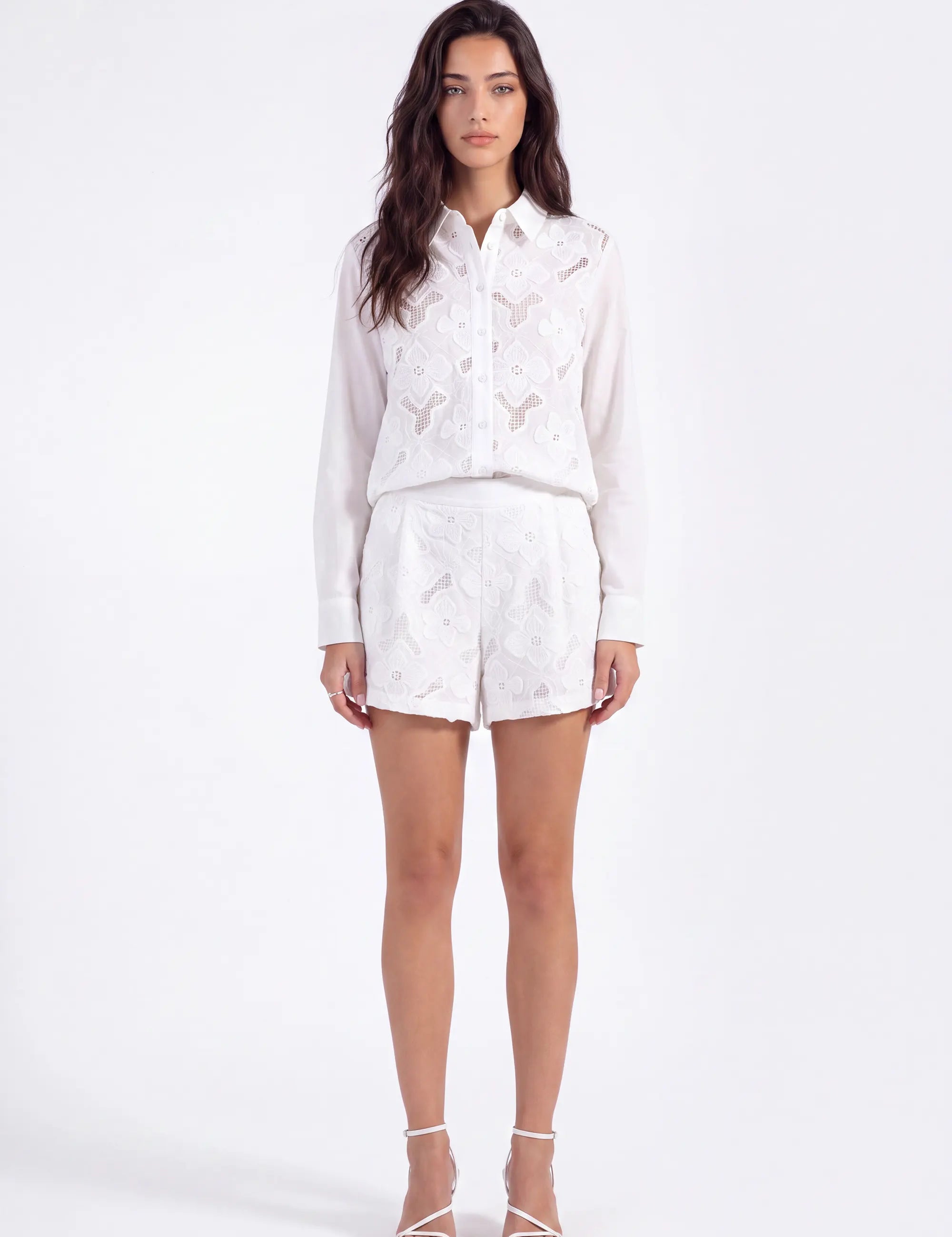White Floral Cutwork Embroidery Long-Sleeve Shirt on model, front view – Elppis P3F9148BE-02CM