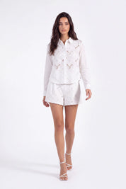 White Floral Cutwork Embroidery Long-Sleeve Shirt on model, studio view 4 – Elppis P3F9148BE-02CM