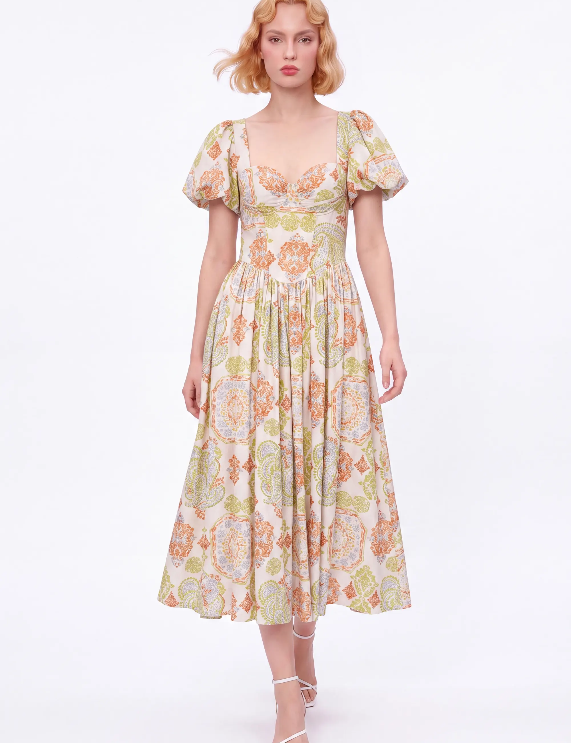 Paisley Print Viscose-Nylon Blend Bustier Puff-Sleeve Maxi Dress — Model White Background Front