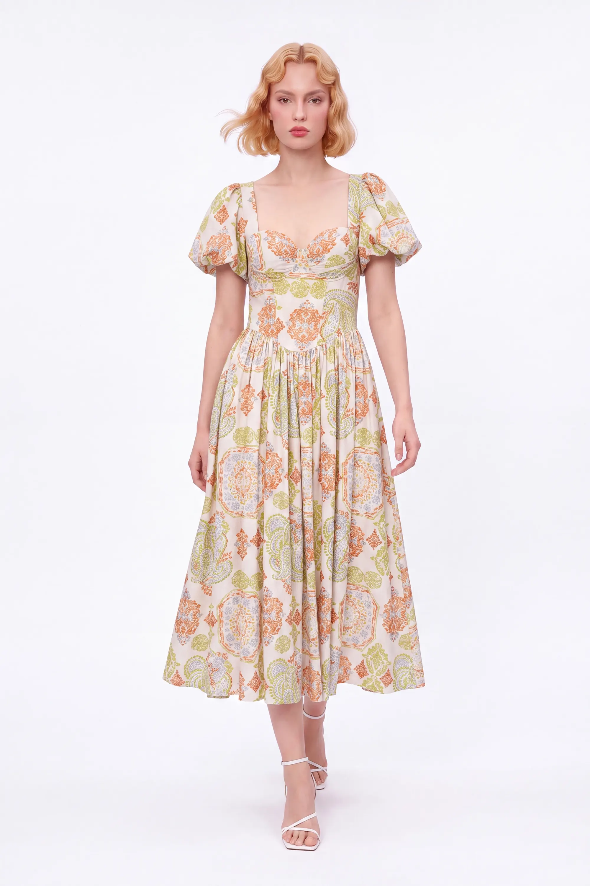 Paisley Print Viscose-Nylon Blend Bustier Puff-Sleeve Maxi Dress — Model White Background Front