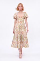 Paisley Print Viscose-Nylon Blend Bustier Puff-Sleeve Maxi Dress