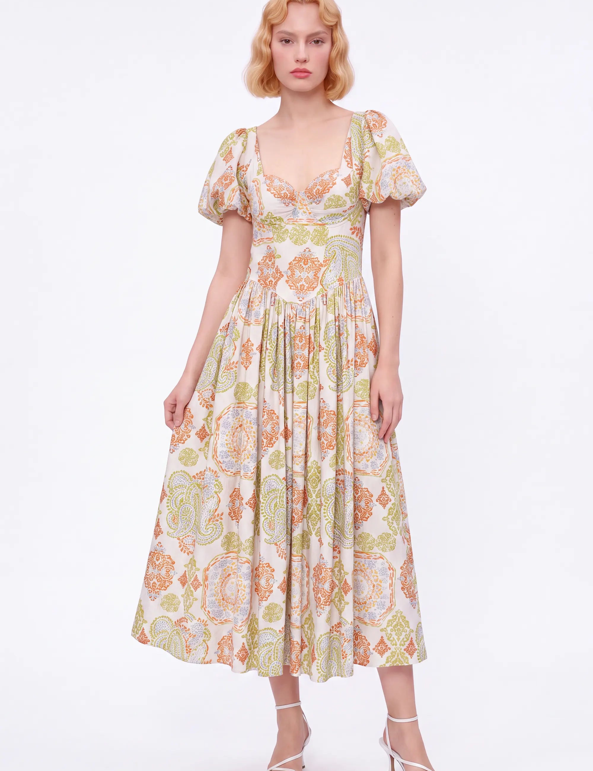 Paisley Print Viscose-Nylon Blend Bustier Puff-Sleeve Maxi Dress — Model White Background View 2