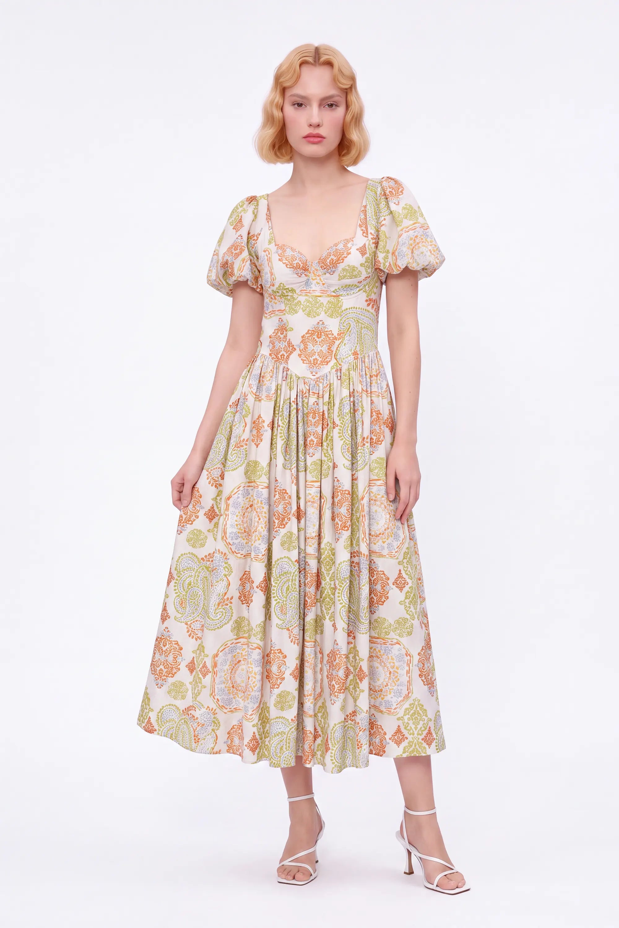 Paisley Print Viscose-Nylon Blend Bustier Puff-Sleeve Maxi Dress — Model White Background View 2
