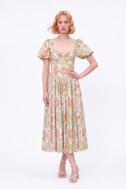 Paisley Print Viscose-Nylon Blend Bustier Puff-Sleeve Maxi Dress — Model White Background View 3