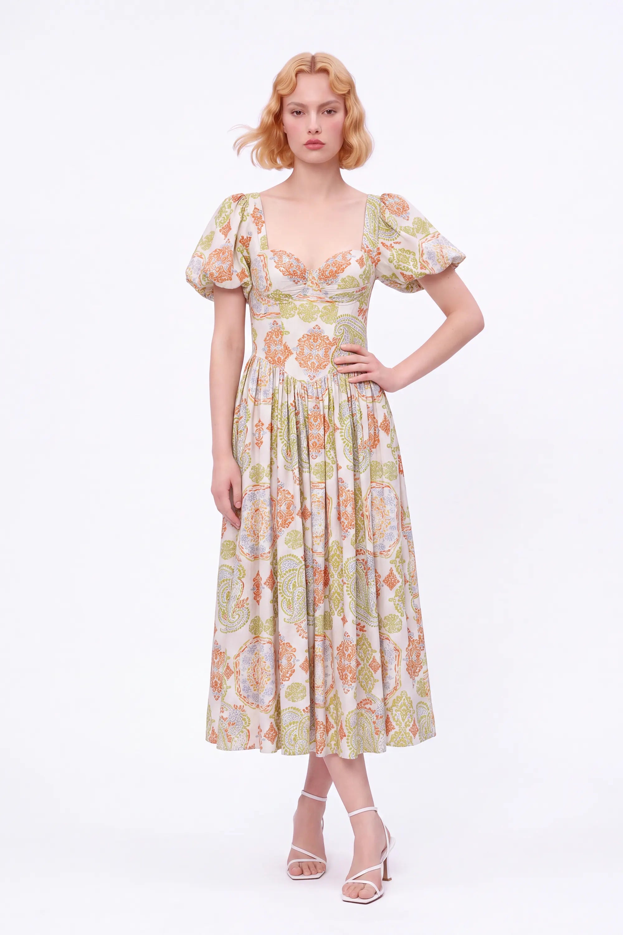 Paisley Print Viscose-Nylon Blend Bustier Puff-Sleeve Maxi Dress — Model White Background View 3