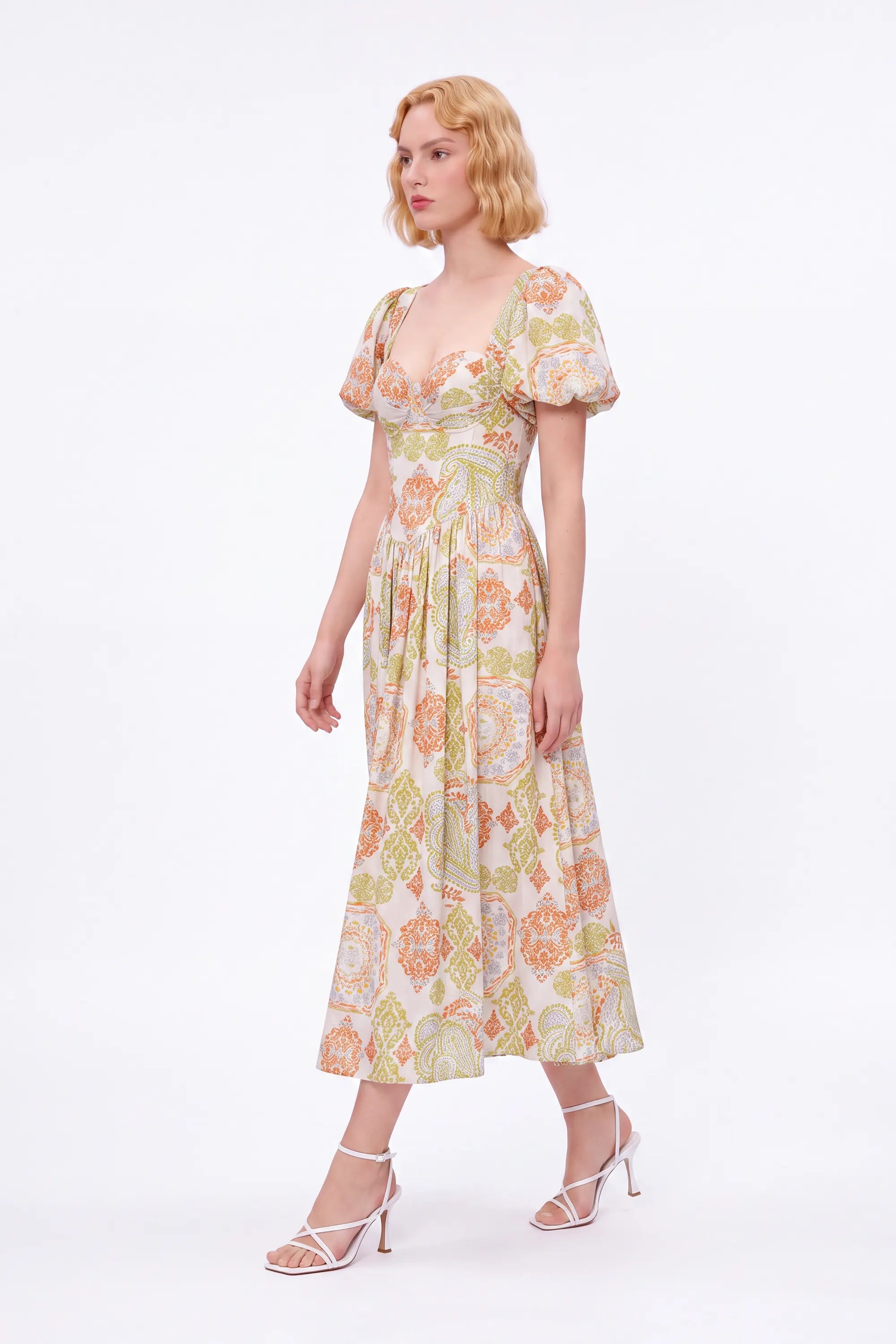 Paisley Print Viscose-Nylon Blend Bustier Puff-Sleeve Maxi Dress — Model White Background View 4