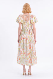 Paisley Print Viscose-Nylon Blend Bustier Puff-Sleeve Maxi Dress — Model White Background View 5
