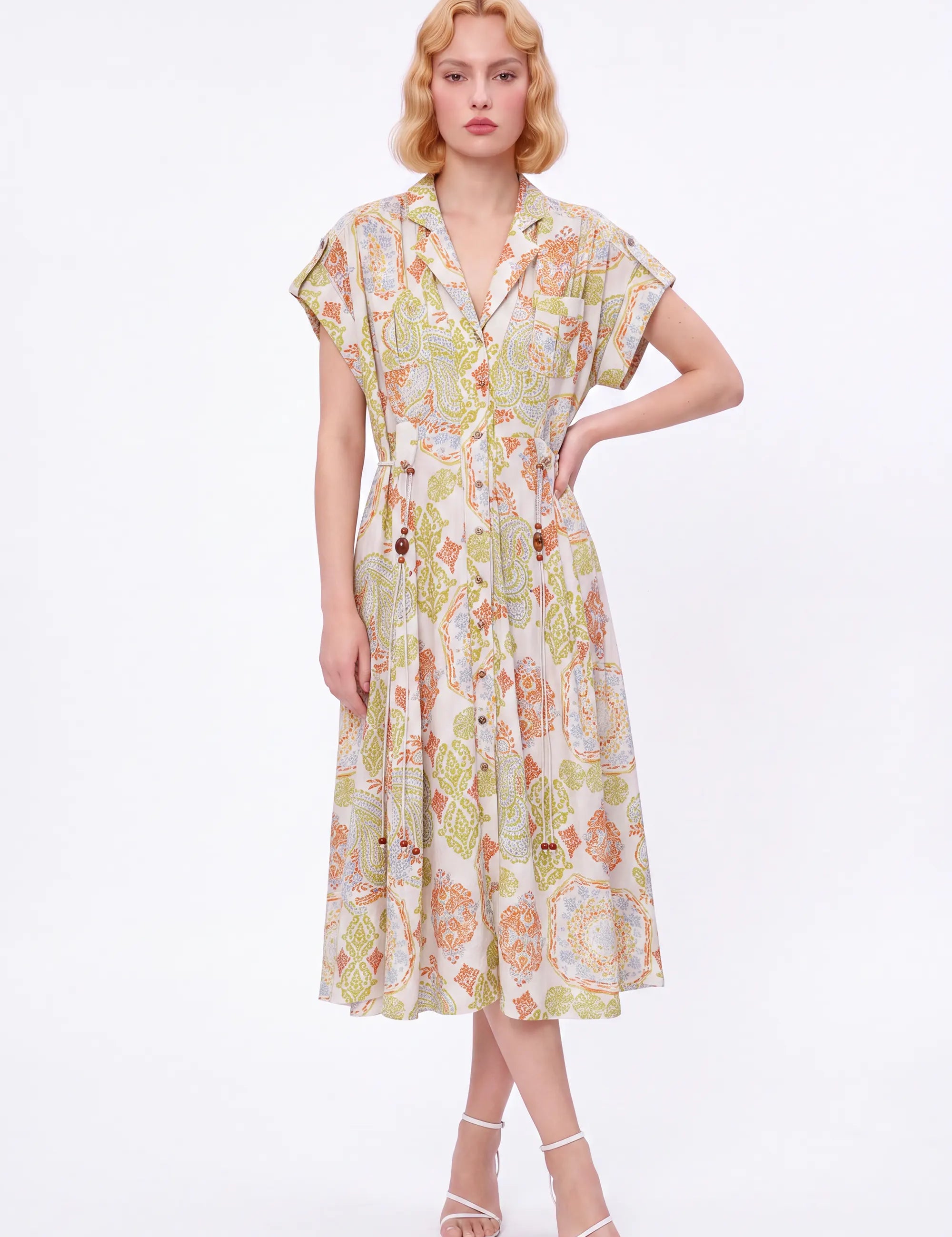 Paisley Print Viscose-Nylon Blend Midi Shirt Dress — Model White Background Front