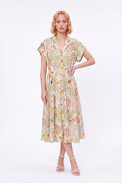 Paisley Print Viscose-Nylon Blend Midi Shirt Dress — Model White Background Front