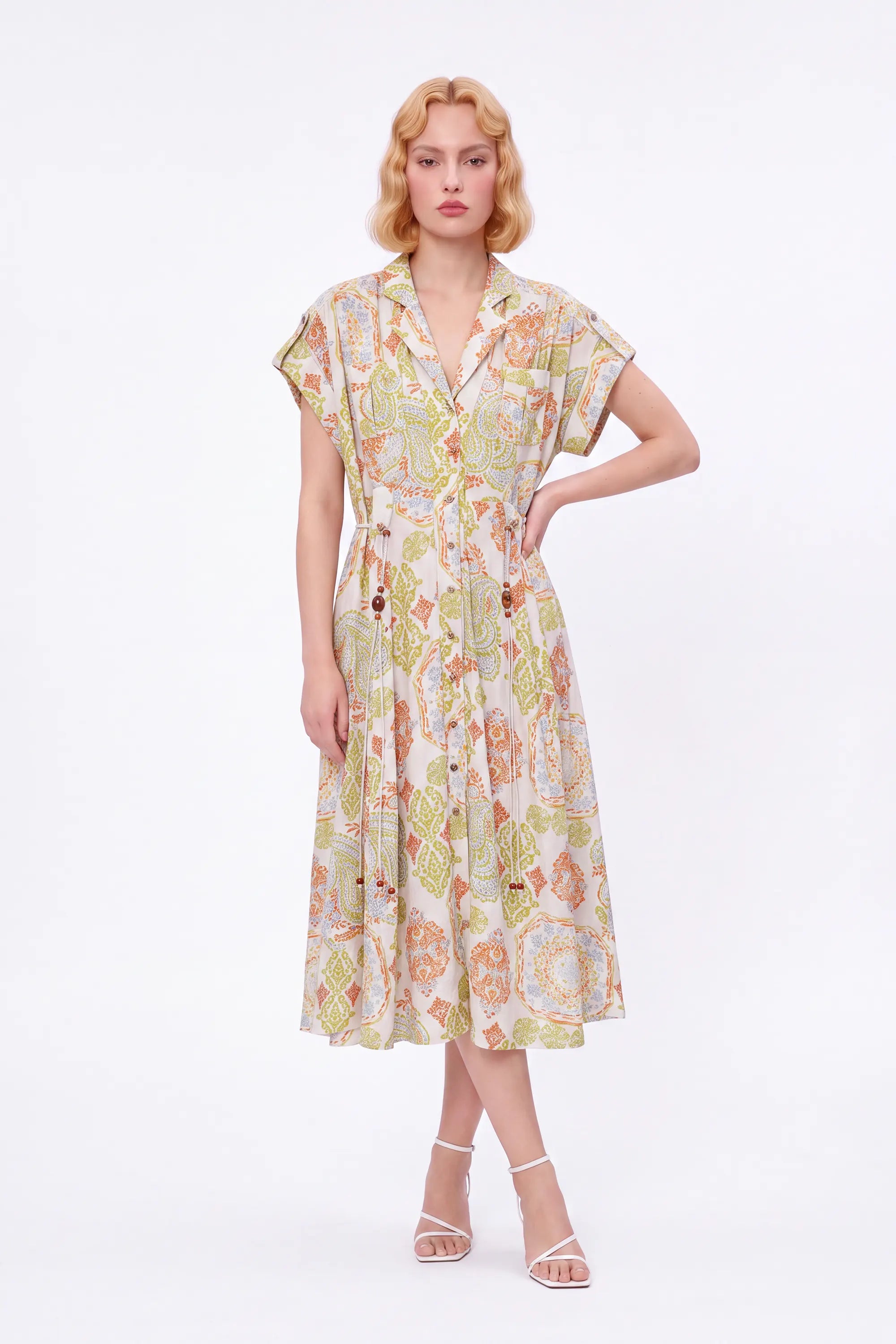 Paisley Print Viscose-Nylon Blend Midi Shirt Dress — Model White Background Front