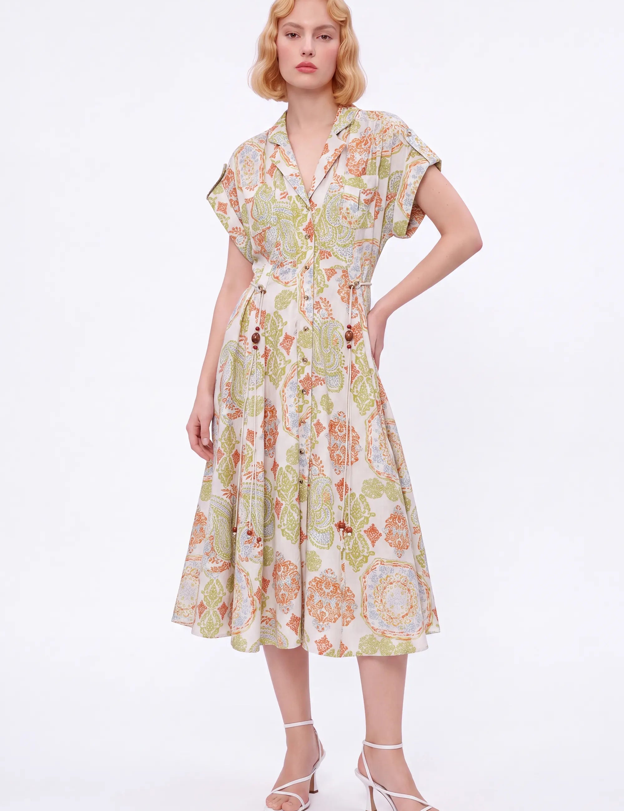 Paisley Print Viscose-Nylon Blend Midi Shirt Dress — Model White Background View 2