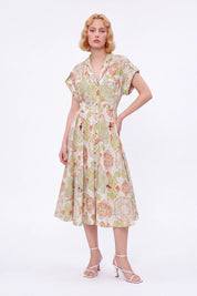 Paisley Print Viscose-Nylon Blend Midi Shirt Dress — Model White Background View 2