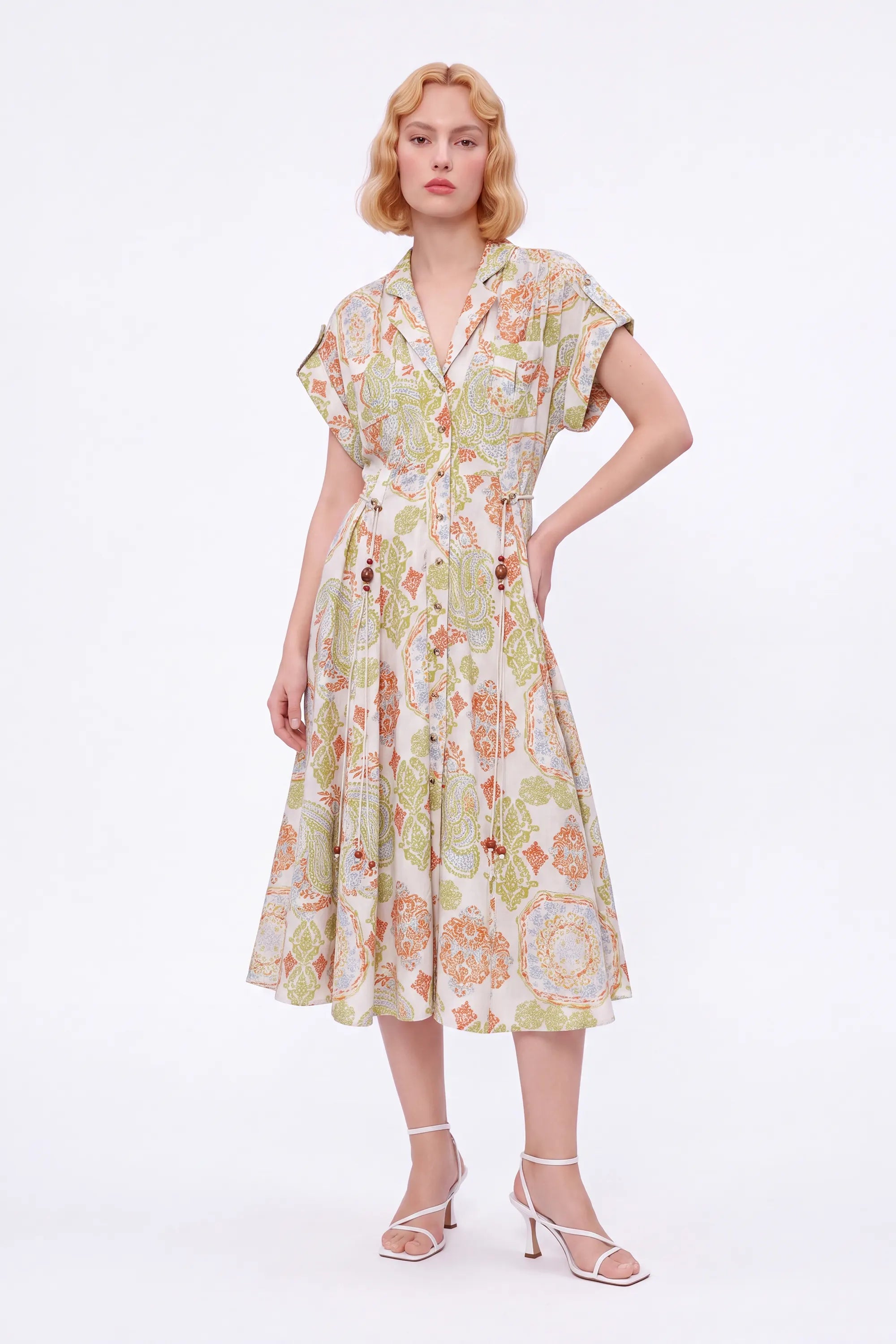 Paisley Print Viscose-Nylon Blend Midi Shirt Dress — Model White Background View 2