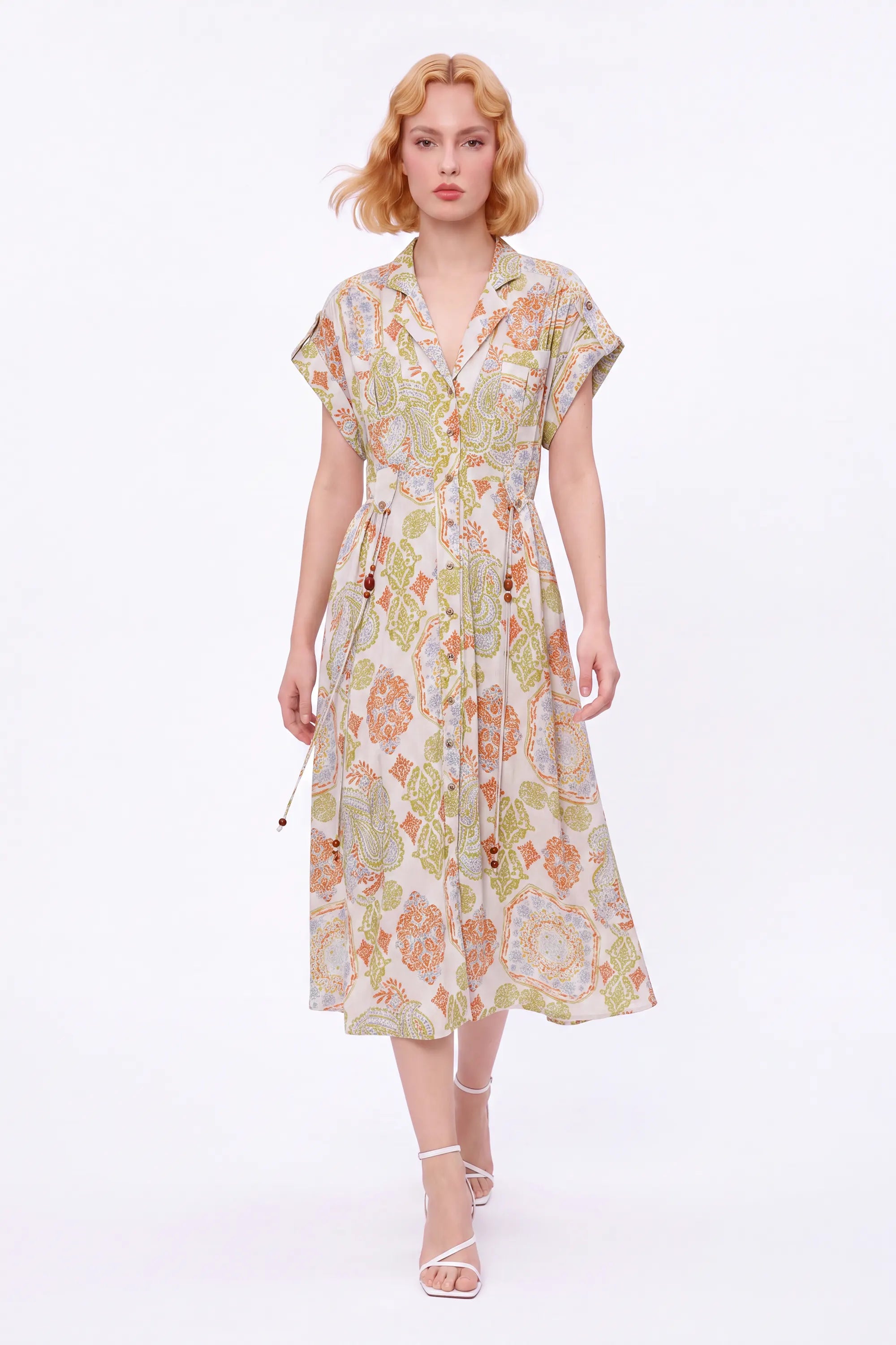 Paisley Print Viscose-Nylon Blend Midi Shirt Dress — Model White Background View 3