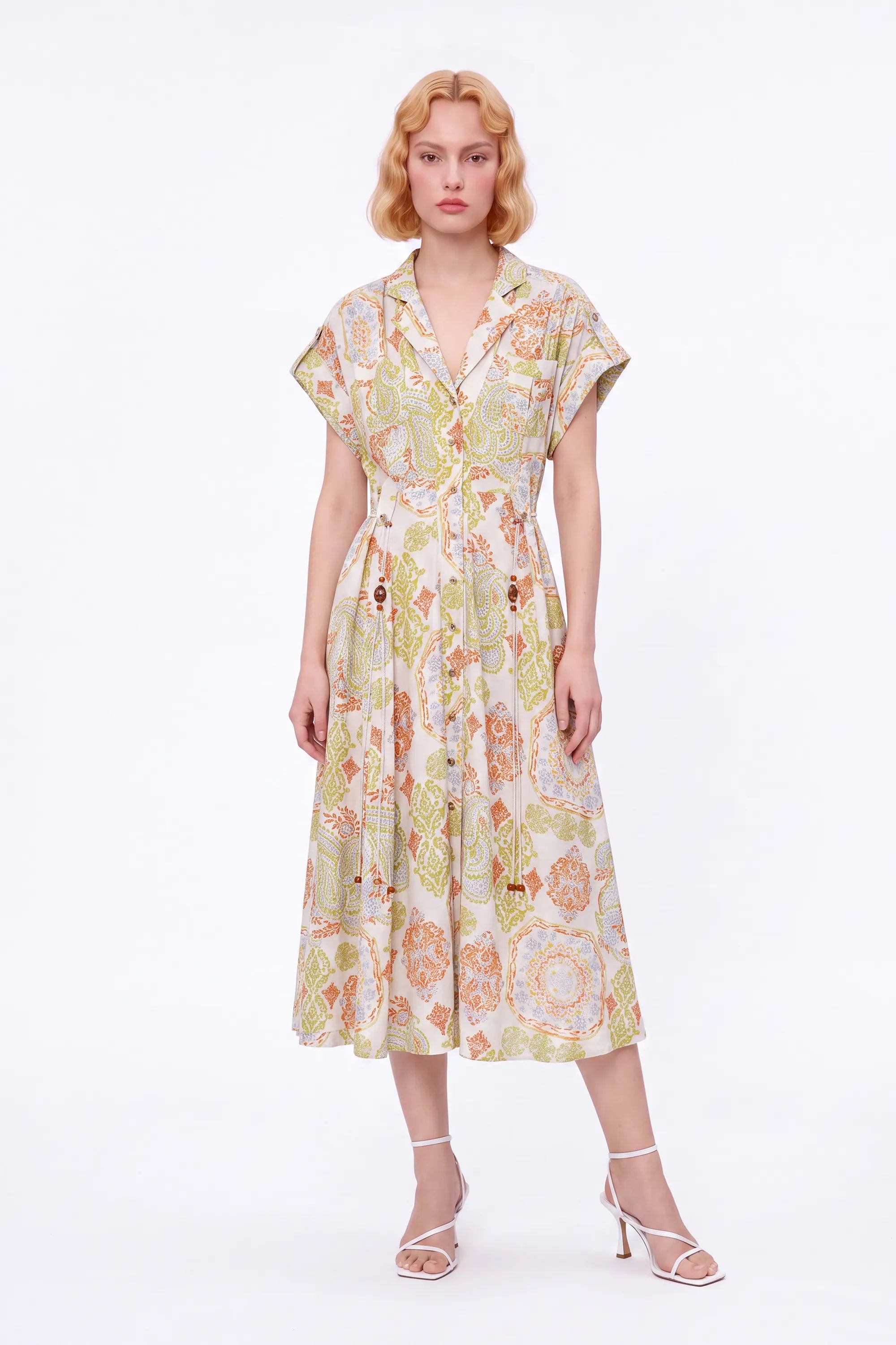 Paisley Print Viscose-Nylon Blend Midi Shirt Dress — Model White Background View 4