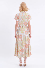 Paisley Print Viscose-Nylon Blend Midi Shirt Dress — Model White Background View 5