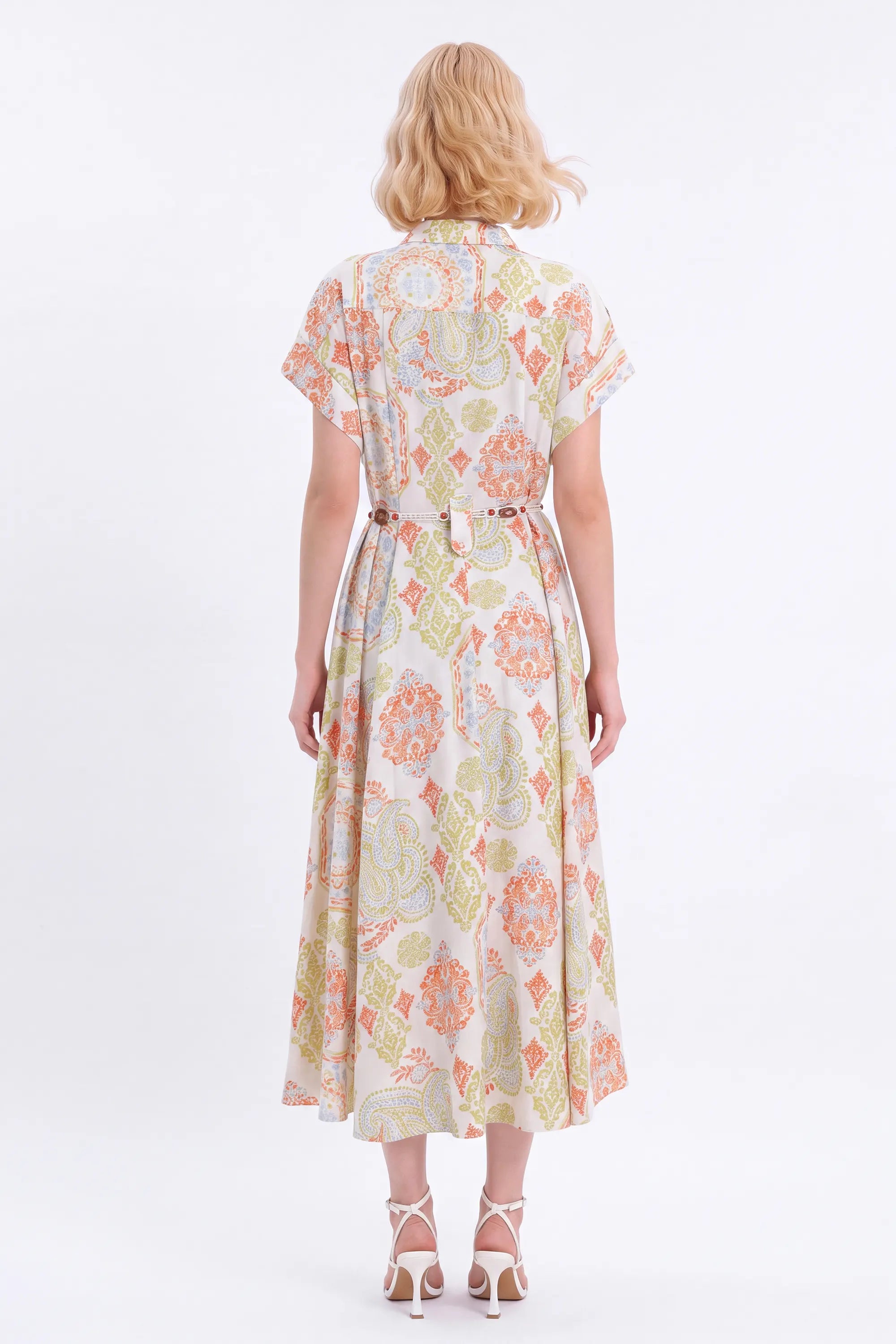 Paisley Print Viscose-Nylon Blend Midi Shirt Dress — Model White Background View 5