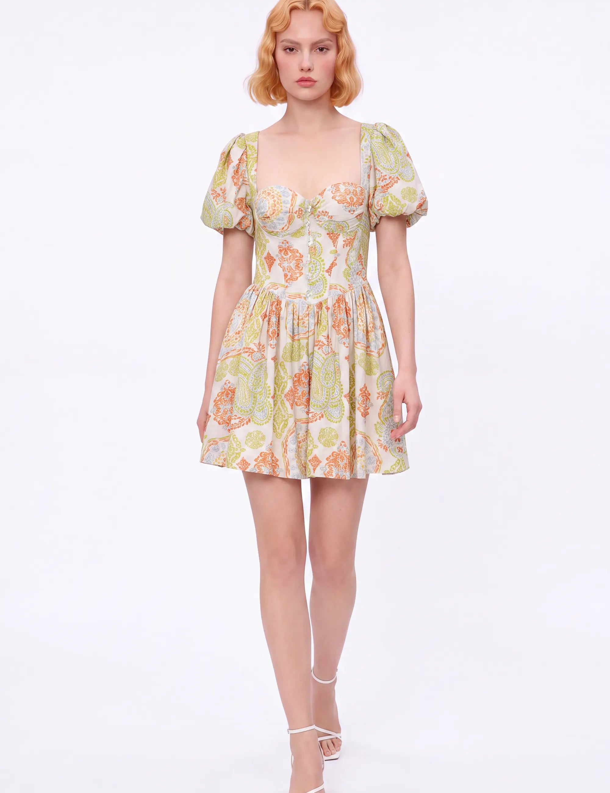 Paisley Print Viscose-Nylon Blend Puff-Sleeve Dress — Model White Background Front