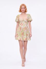 Paisley Print Viscose-Nylon Blend Puff-Sleeve Dress — Model White Background Front