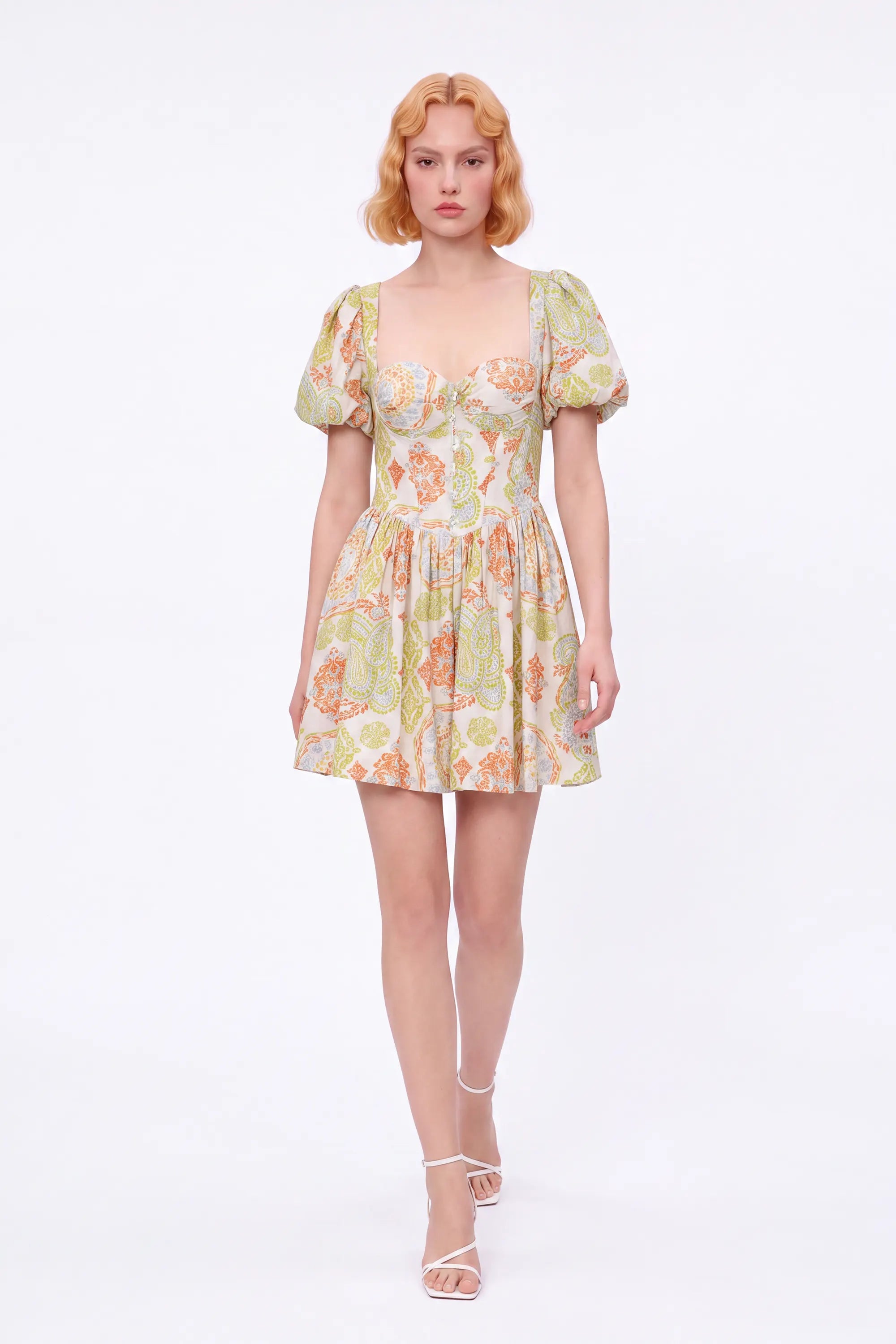 Paisley Print Viscose-Nylon Blend Puff-Sleeve Dress — Model White Background Front