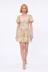 Paisley Print Viscose-Nylon Blend Puff-Sleeve Dress