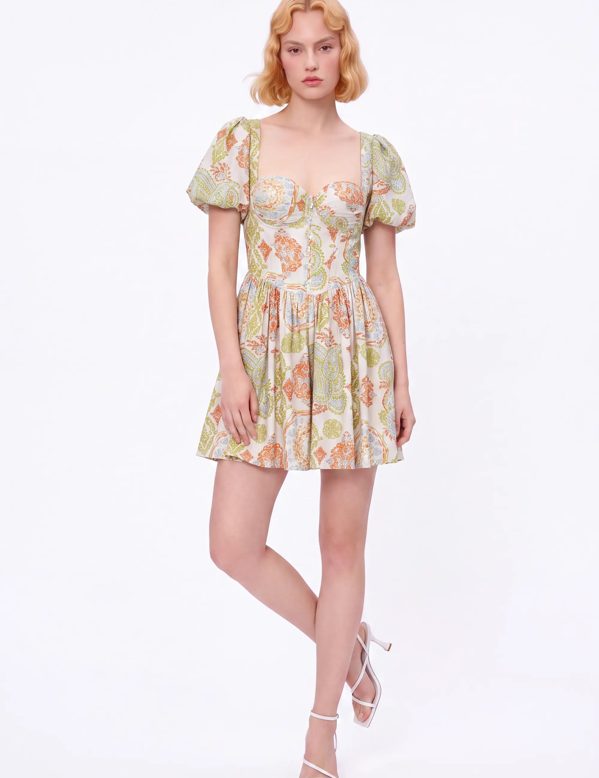 Paisley Print Viscose-Nylon Blend Puff-Sleeve Dress — Model White Background View 2