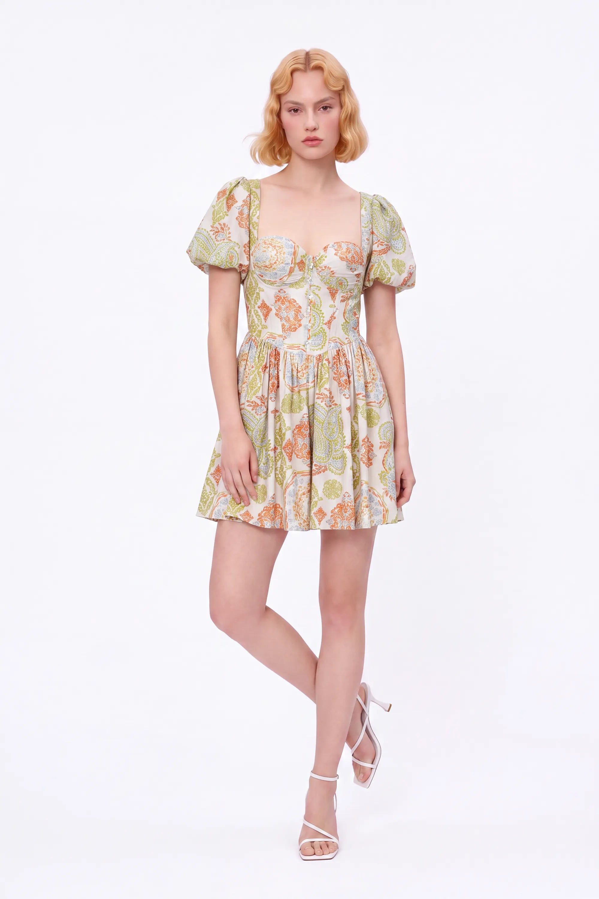 Paisley Print Viscose-Nylon Blend Puff-Sleeve Dress — Model White Background View 2