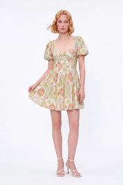 Paisley Print Viscose-Nylon Blend Puff-Sleeve Dress — Model White Background View 3