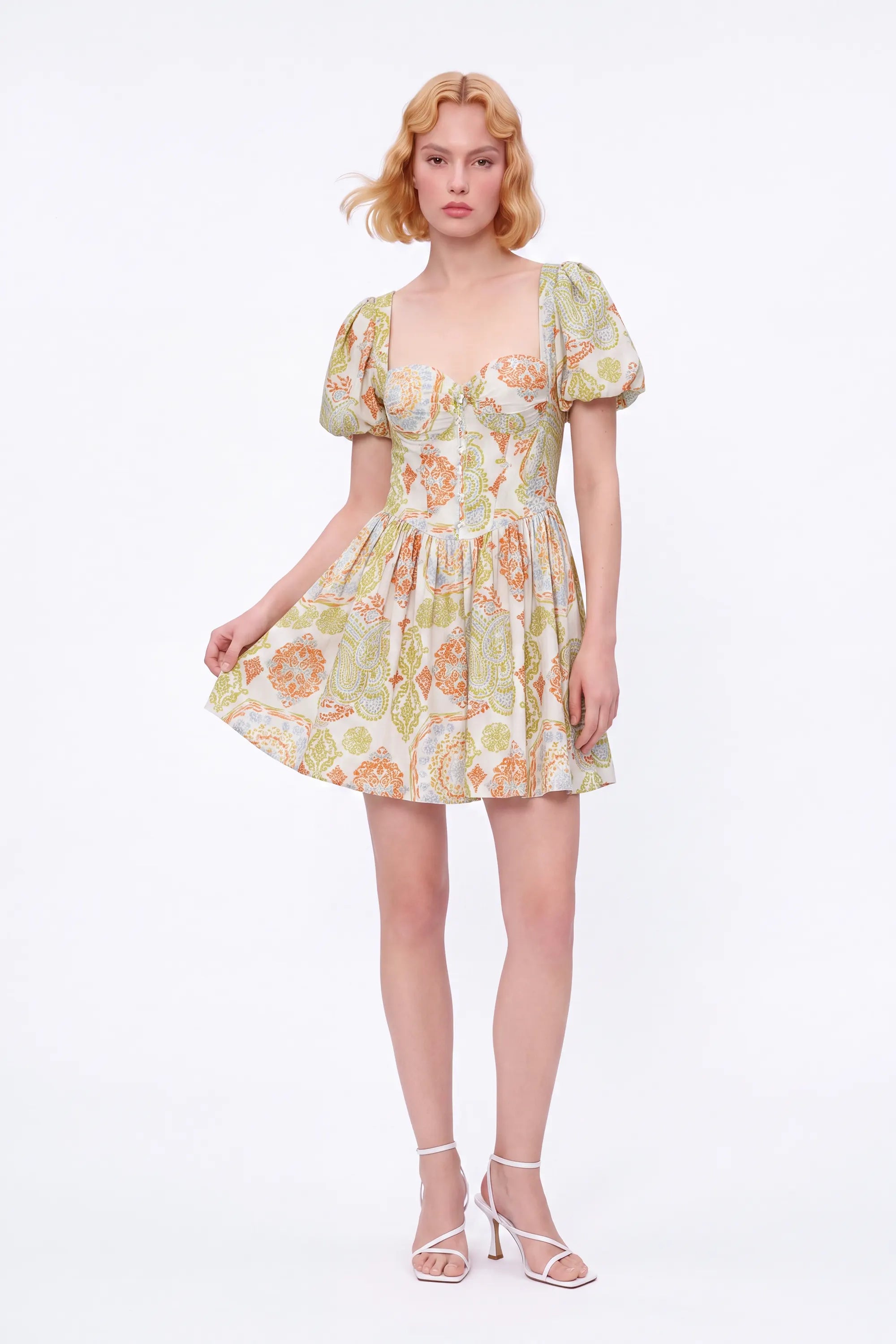 Paisley Print Viscose-Nylon Blend Puff-Sleeve Dress — Model White Background View 3